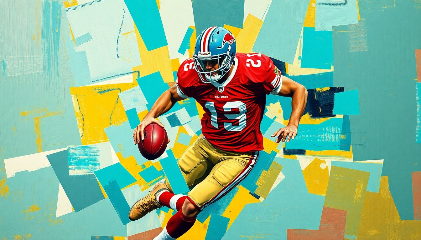 A fragmented, cubist-style painting depicting a football player in motion, with sharp geometric shapes and planes in vibrant colors like turquoise, crimson, and gold, conceptually representing the uncertainty surrounding a rookie's offseason preparation.
