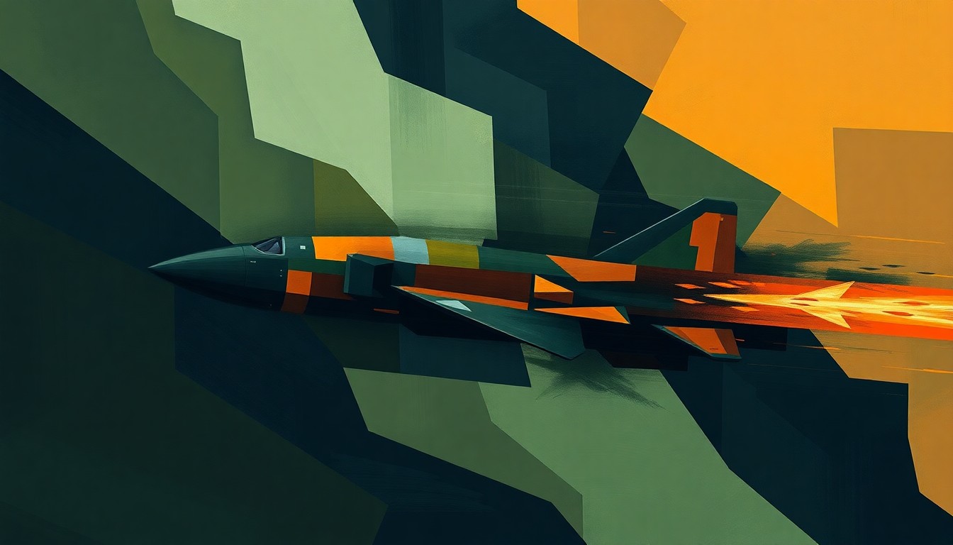 A dynamic, abstract painting featuring overlapping, geometric shapes in shades of blue, green, and orange, conceptually representing the complex and rapidly evolving military conflict between the U.S., Israel, and Iran.