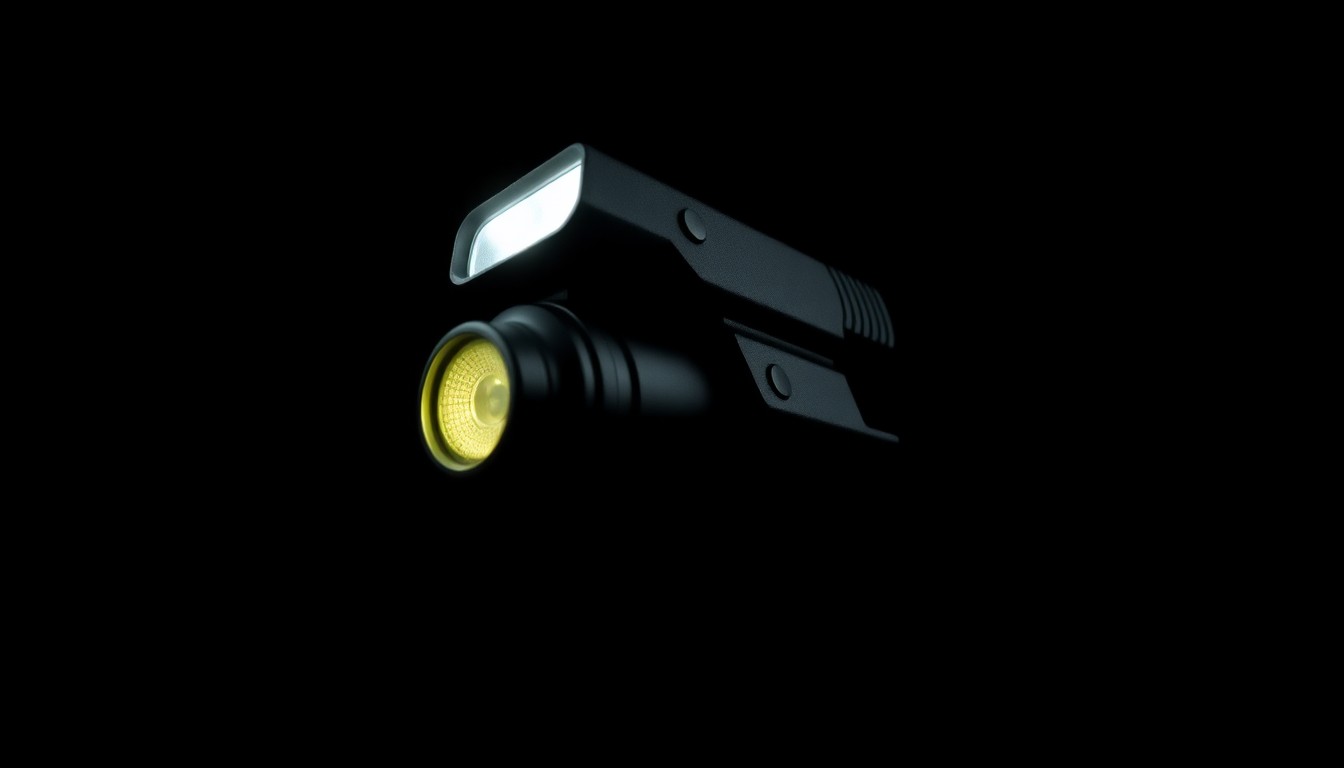 An extreme close-up photograph of a police taser against a pitch-black background, capturing the stark, gritty details of the device in an investigative style.