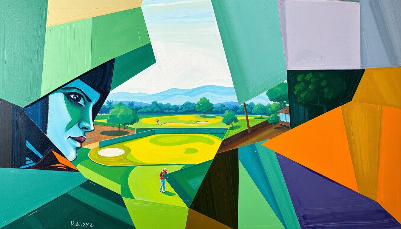 A fractured, geometric painting in shades of green, blue, and brown, capturing the dynamic motion and multiple perspectives of a women's golf tournament.