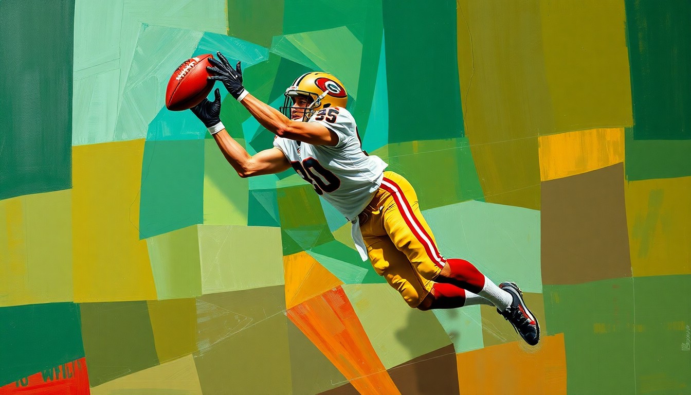 A fractured, cubist-style painting depicting a football player in mid-air making an acrobatic catch, with the action broken down into overlapping geometric shapes and planes in vibrant colors like green, gold, and red.