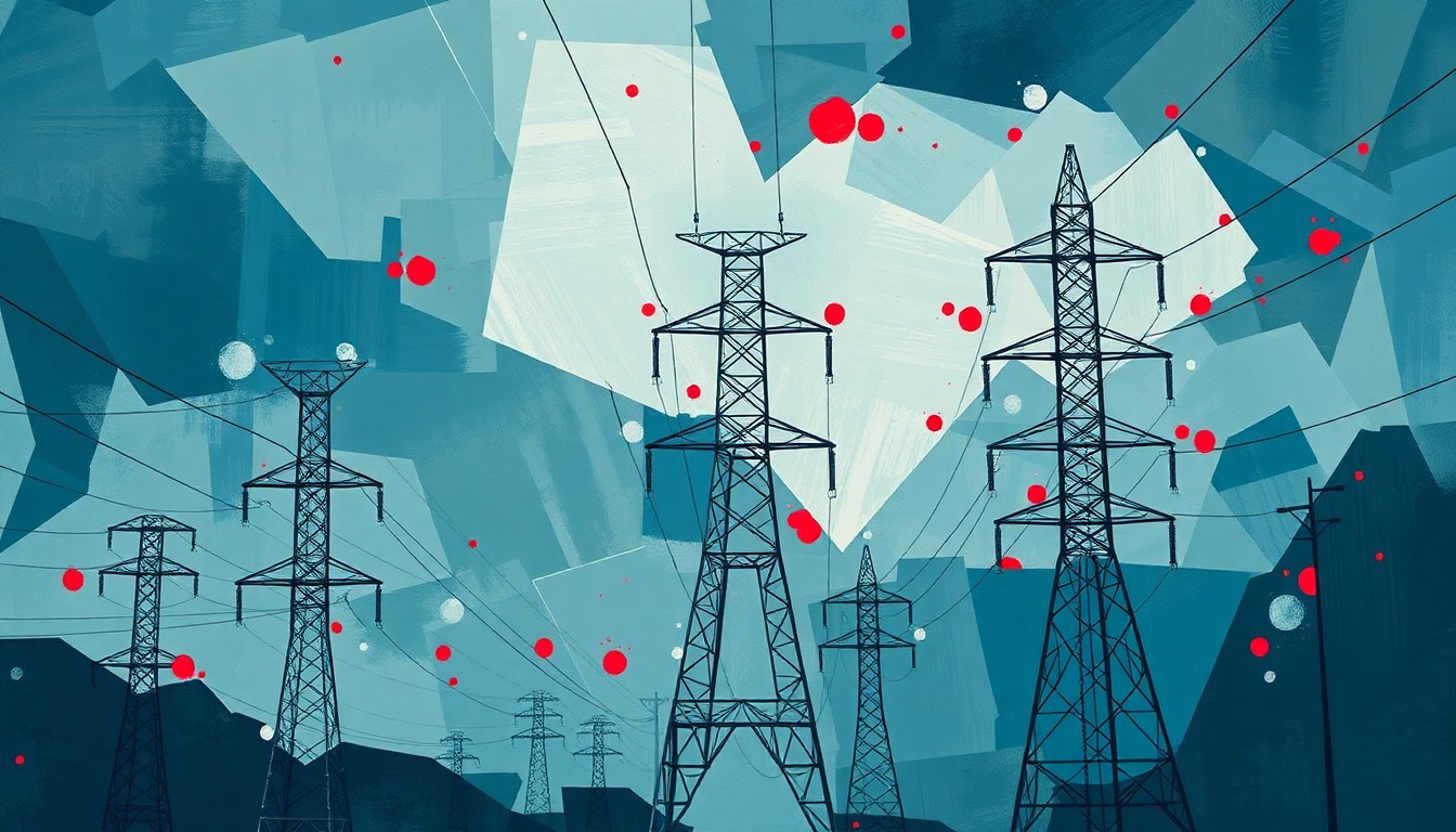 A highly stylized, fragmented painting depicting electrical pylons and power lines in shades of blue, grey, and red, conveying a sense of disruption and instability in the energy grid.