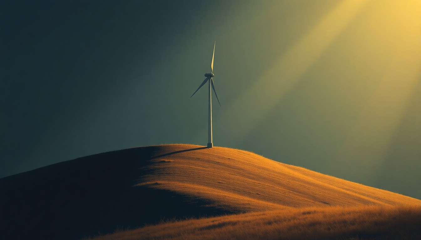 A serene, nostalgic painting of a lone wind turbine on a rural hilltop, with warm sunlight and deep shadows creating a contemplative mood.