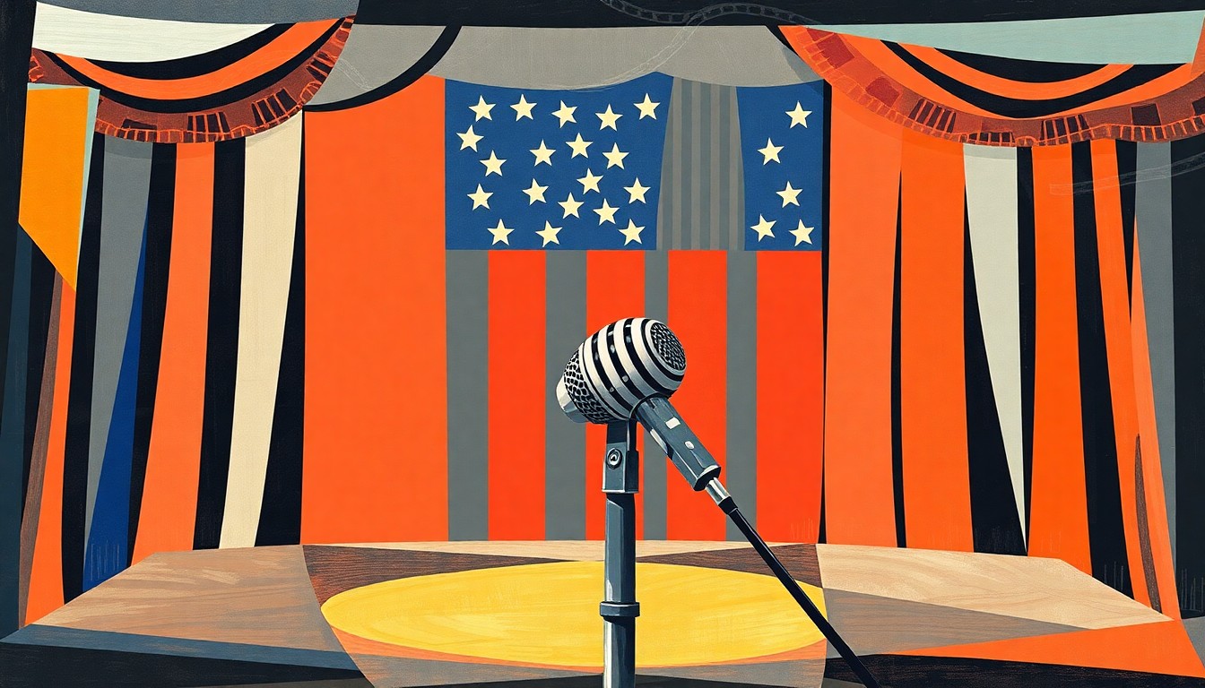 A vibrant, fractured painting of a microphone and stage backdrop in overlapping waves of color, conceptually representing the political comedy of 'Saturday Night Live' and the divisive rhetoric that has become increasingly common in the entertainment industry.