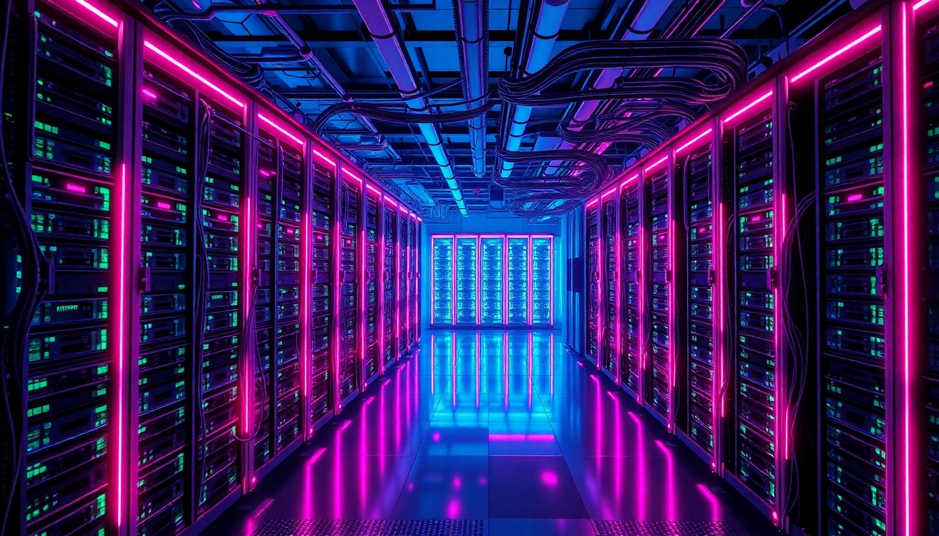 A highly detailed, glowing 3D illustration of a futuristic data center or server farm, with neon cyan and magenta lights illuminating the complex network of cables, servers, and other digital infrastructure, conceptually representing the sophisticated technology powering the creator economy.