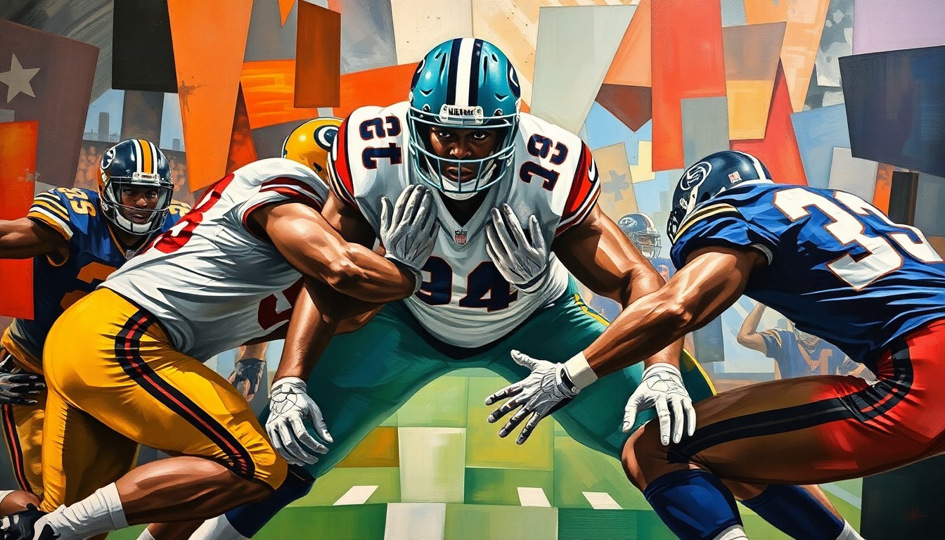 A fragmented, geometric painting depicting the forceful movements of a defensive lineman bursting through the offensive line, with sharp, overlapping shapes and planes conveying the dynamic energy of the play.