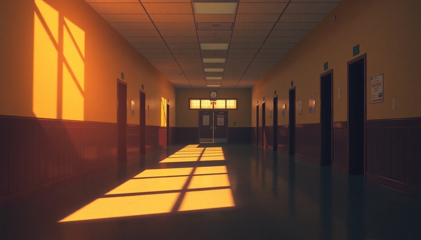 A serene, cinematic painting of an empty school hallway with warm sunlight streaming through the windows and deep shadows, conveying a sense of anticipation and unease about the delayed opening of a polling place on Election Day.