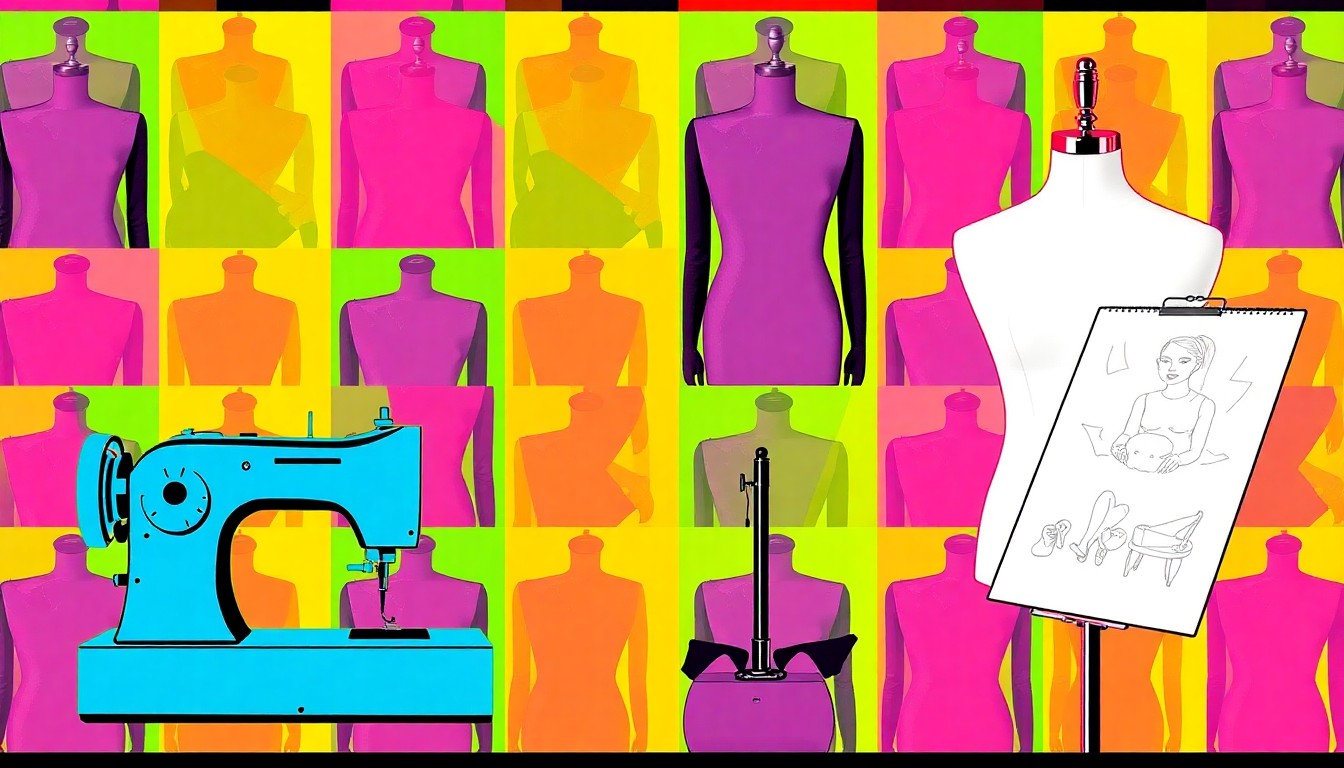 A vibrant, high-contrast silkscreen print featuring a repeating grid of fashion design tools like a sewing machine, fashion mannequin, and sketchpad, conceptually representing the creativity and technical skills of Aldine High's fashion design students.