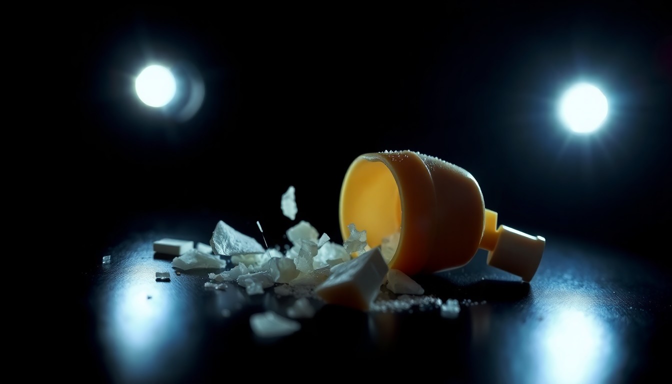 An extreme close-up photograph of a shattered toy or household object, lit by a harsh, direct camera flash against a pitch-black background, conceptually representing the aftermath of a tragic crime committed by a child.
