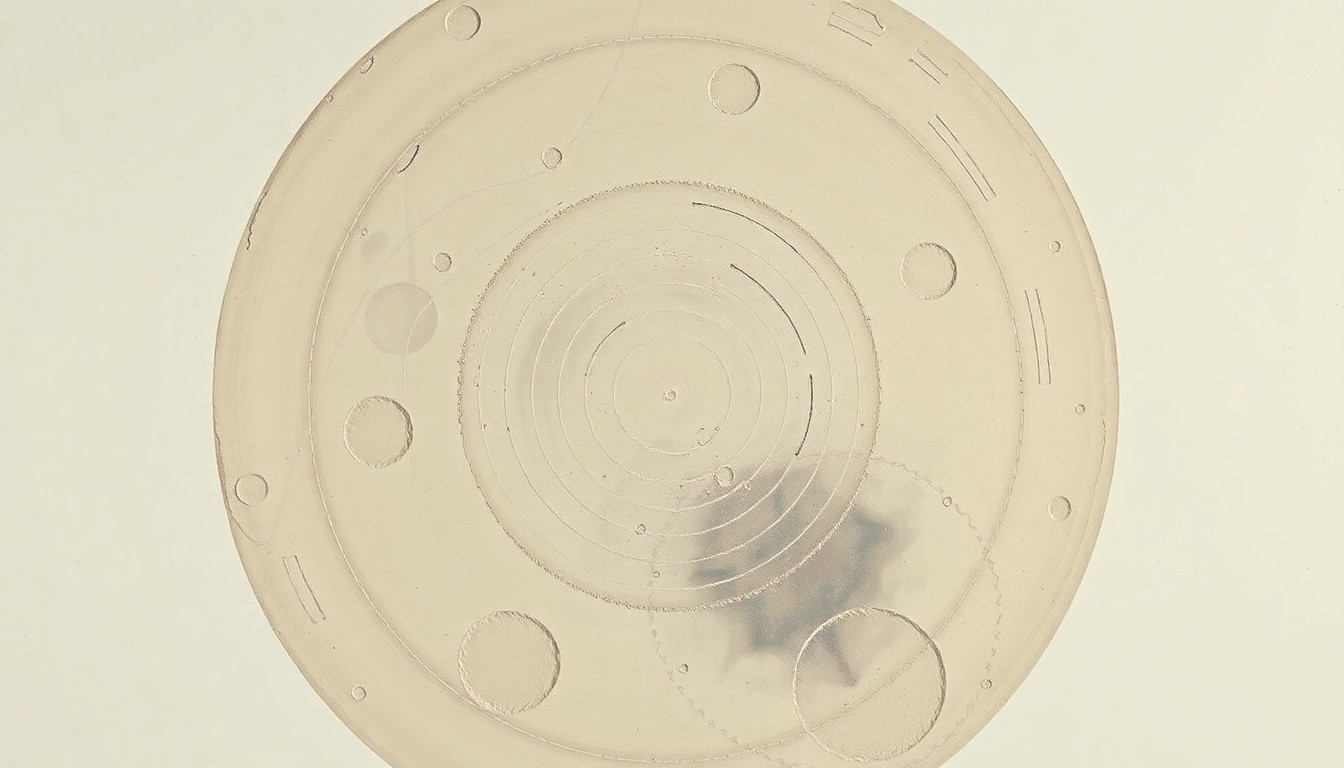 A highly structured abstract painting in muted earth tones, featuring sweeping geometric arcs, concentric circles, and precise lunar craters, conveying the structural order and beauty of the moon's surface in a scientific yet emotive style.