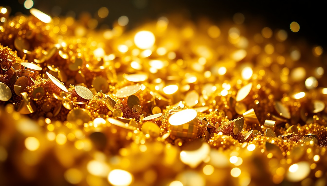 An abstract close-up photograph of sparkling gold sequins and shattered disco ball glass, capturing the glitz and glamour of the music industry awards show.