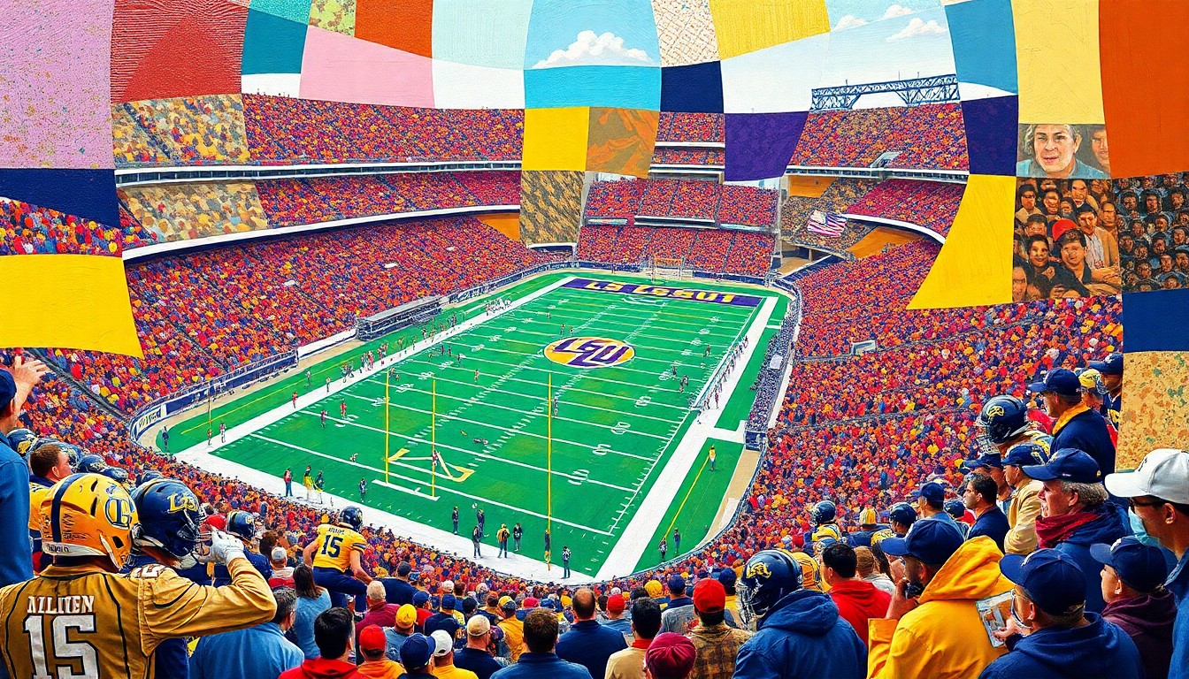 A fragmented, geometric painting depicting the chaotic action of a college football game, with sharp planes of color representing players, the field, and the crowd, all in the distinct visual style of Pablo Picasso.