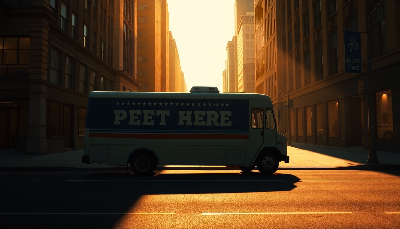 A detailed, cinematic painting of a parked campaign vehicle on a shadowy city street, capturing the quiet, nostalgic mood of a political race.