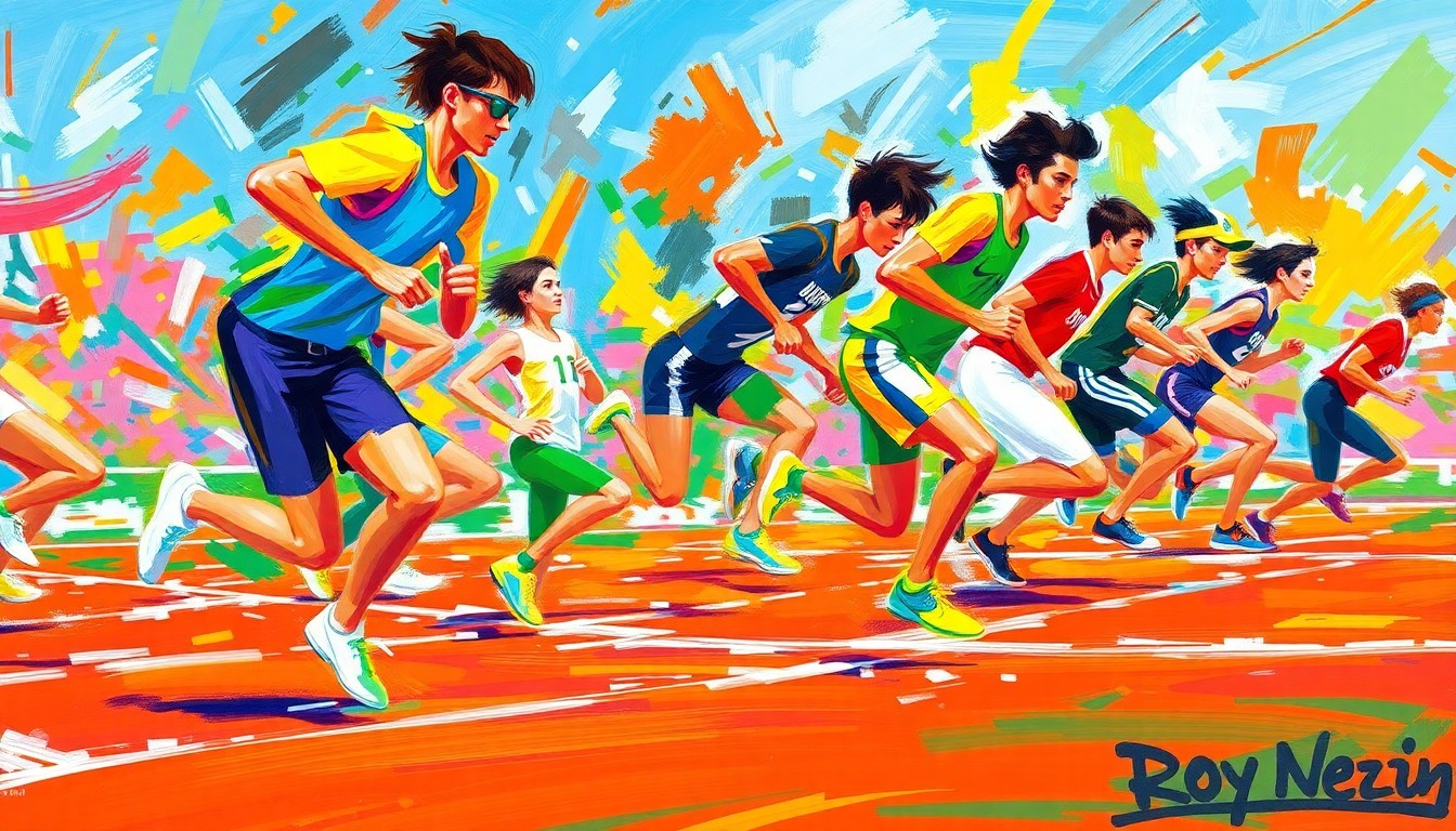 An abstract expressionist painting in vibrant neon colors, with blurred figures and splashes of paint representing the dynamic motion and energy of a high school track and field competition.