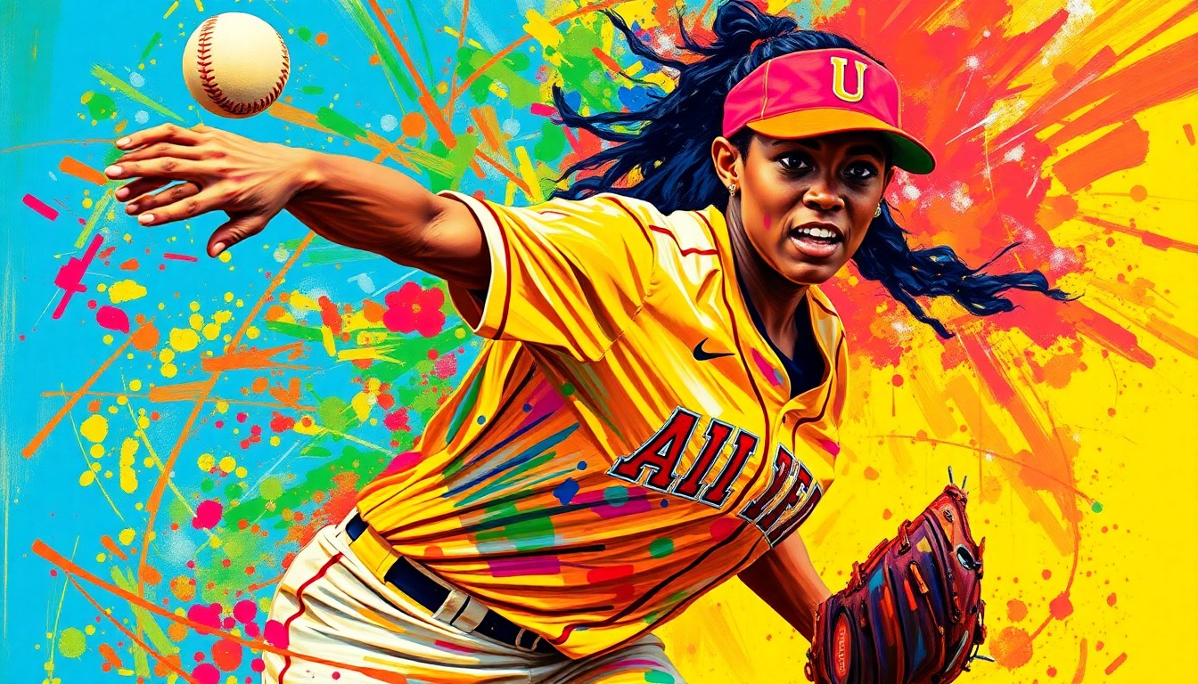 An extreme close-up of a softball pitcher's throwing motion, captured in a vibrant, expressionist style with rapid brushstrokes and neon colors, conceptually representing the raw athletic energy of the game.