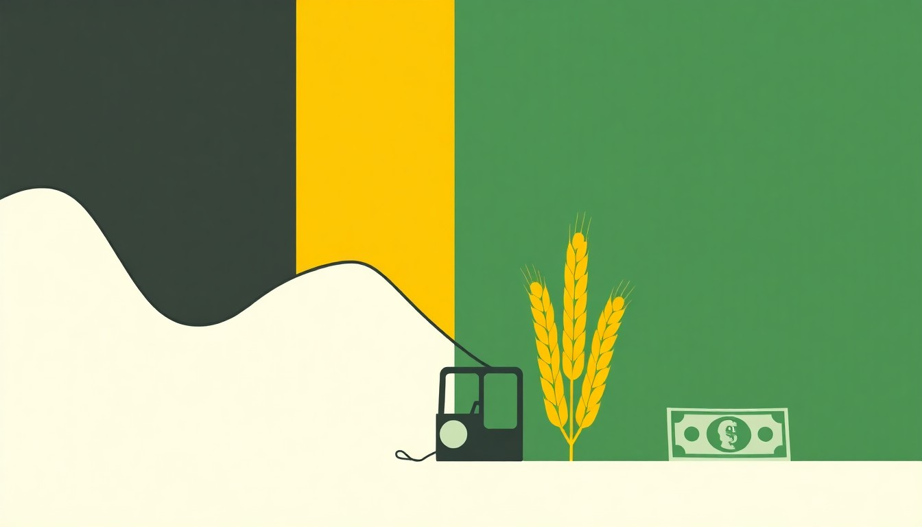 An abstract illustration using bold geometric shapes in primary colors to represent the fluctuating prices of agricultural commodities and energy, conveying the complex economic forces at play.