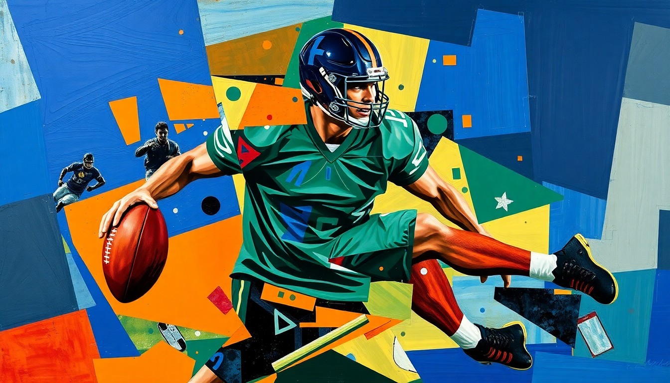 A fragmented, geometric painting depicting a football player's body broken down into sharp, overlapping planes of color, conceptually representing the devastating effects of chronic traumatic encephalopathy.