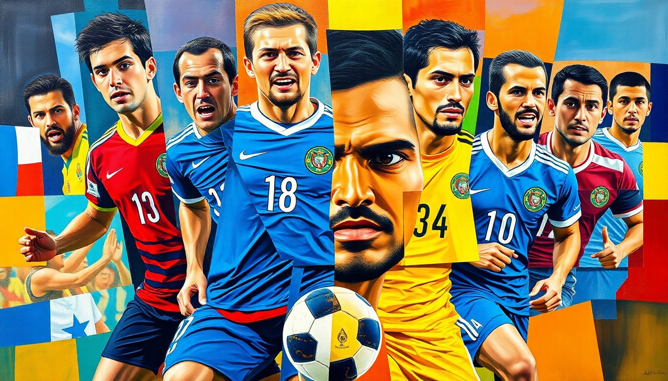 A fragmented, geometric painting in the style of Pablo Picasso, featuring vibrant colors and overlapping planes that represent a soccer match between the national teams of Ecuador and Guatemala.