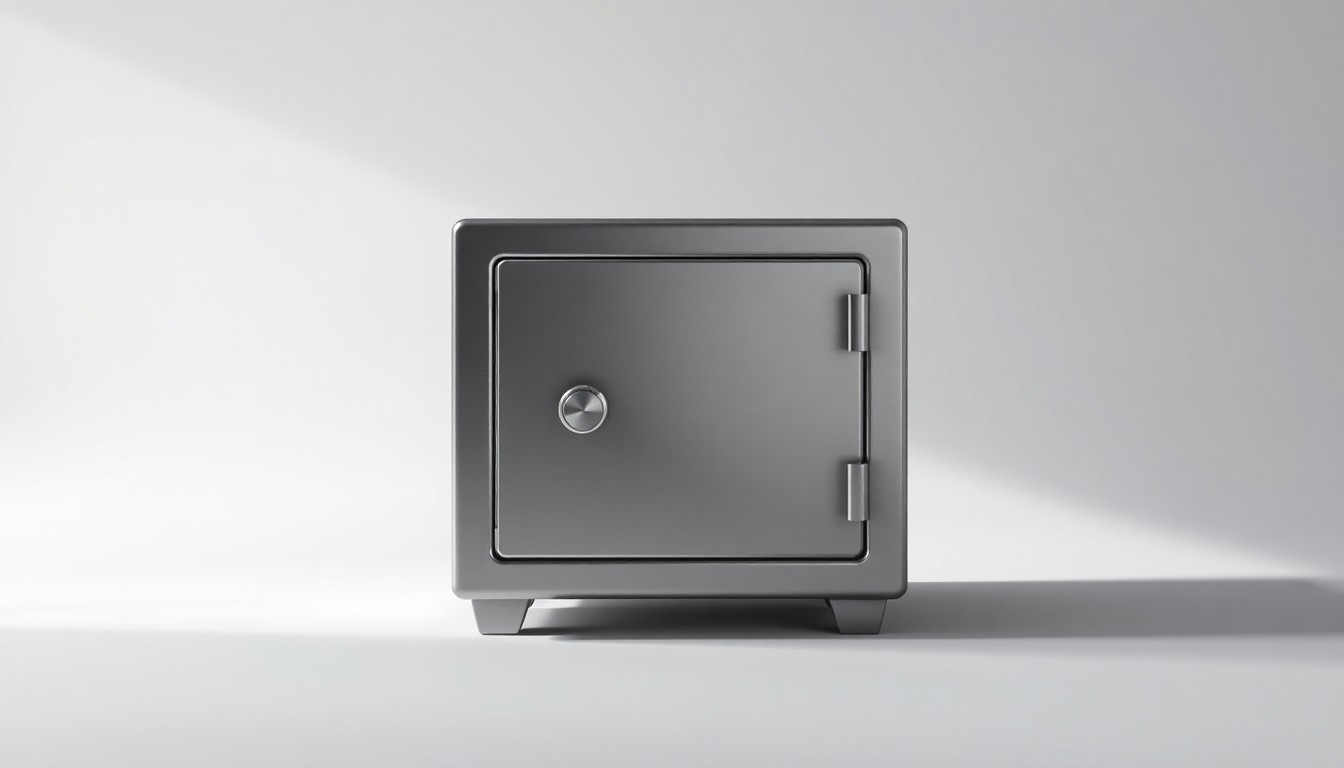 A photorealistic studio still-life photograph featuring a single, polished metal safe or lockbox sitting on a clean, monochromatic background, dramatically lit to represent the abstract concepts of corporate finance, risk, and security.