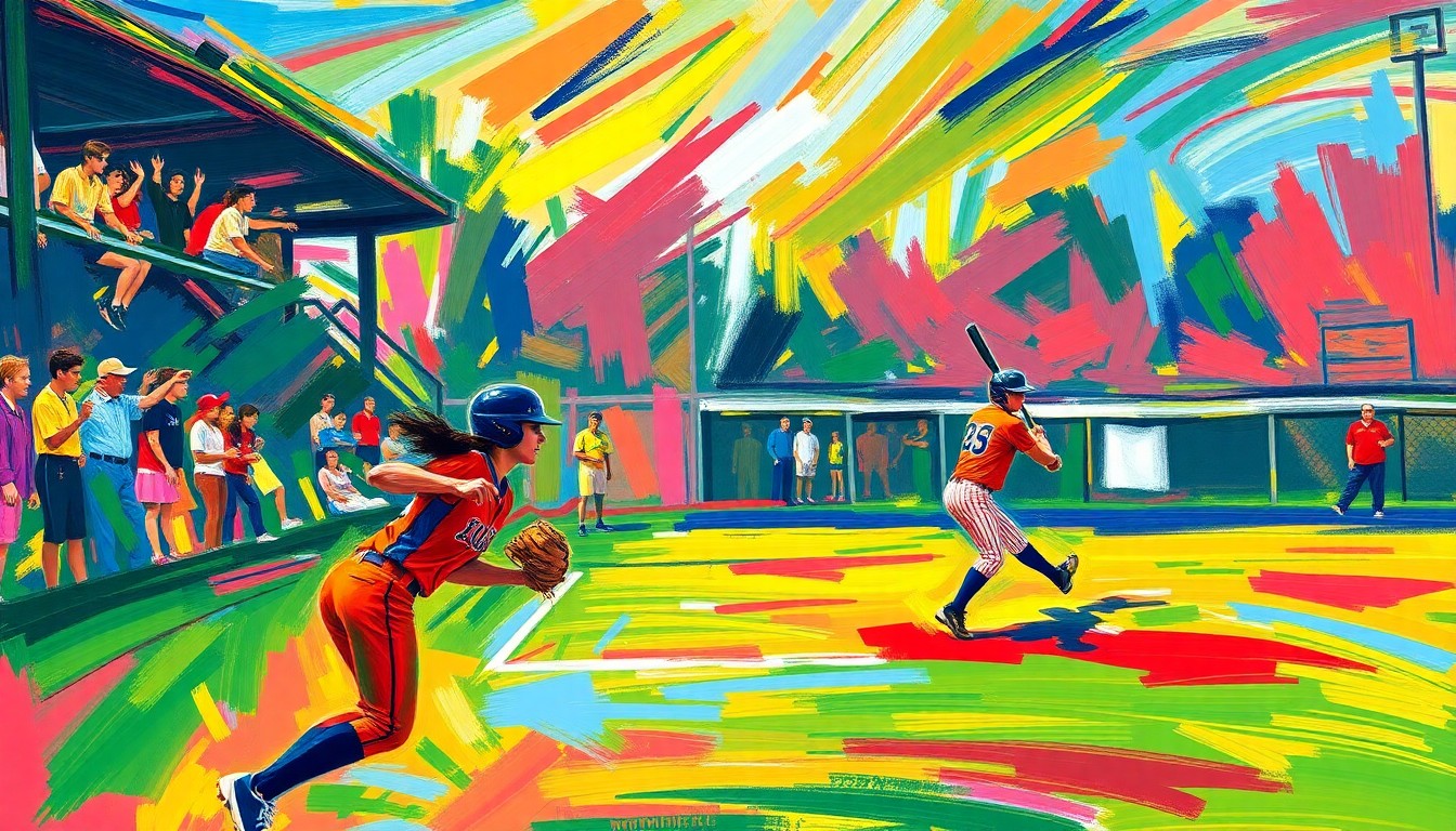 An abstract painting with bold, sweeping brushstrokes in neon greens, oranges, and blues, conveying the energetic action and emotion of a high school softball game.