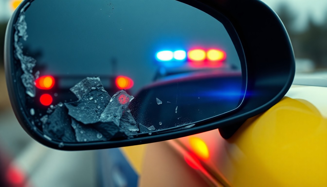An extreme close-up photograph of a cracked and damaged car side mirror, with the reflection of a police car's flashing lights visible, creating a stark, gritty visual representation of the aftermath of a hit-and-run incident.