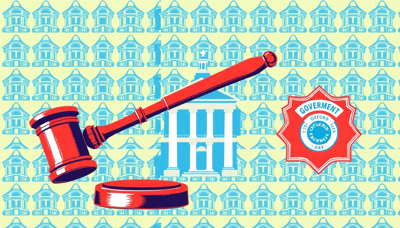 A bold, colorful silkscreen print featuring repeating icons of a gavel, a city hall building, and a police badge, conceptually representing the civic engagement and leadership opportunities that Oxford's Student Government Day provides for local students.