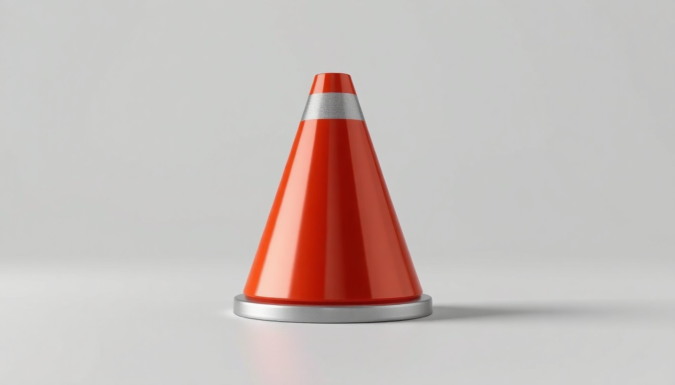 A highly detailed, photorealistic studio photograph of a single metal runway marker cone placed on a clean, monochromatic background, its reflective surface capturing soft studio lighting to represent the abstract concepts of airport infrastructure and federal investment in regional aviation.