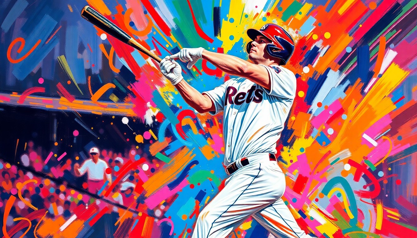 An abstract, energetic painting using vibrant neon brushstrokes to depict the powerful swing and celebratory motion of a baseball player hitting a home run.