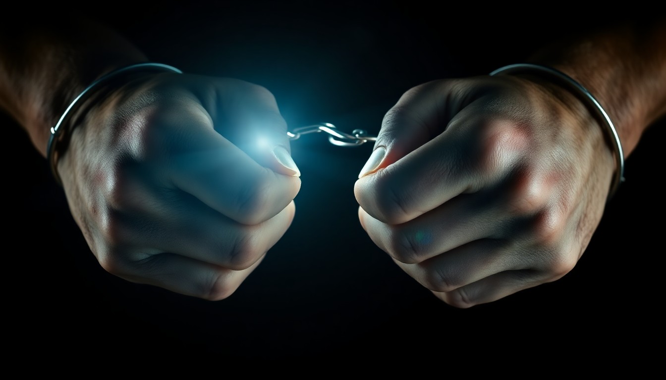 An extreme close-up of a pair of handcuffed hands, the harsh lighting and stark black background creating a gritty, investigative mood that reflects the tensions at the heart of this criminal case.