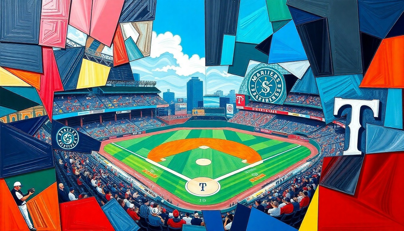 A fractured, multi-perspective painting in bold, clashing colors that deconstructs a baseball game between the Seattle Mariners and Texas Rangers into sharp, overlapping geometric shapes, conveying the intensity and drama of their divisional clash.