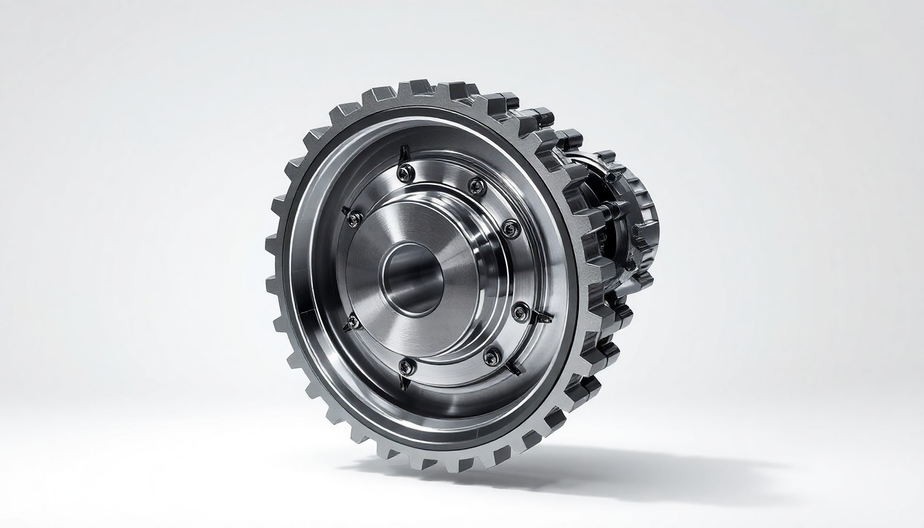 A highly detailed, photorealistic image of a metal car gear or transmission component floating on a clean white background, lit dramatically with sharp shadows to symbolize the complex challenges of the electric vehicle transition.