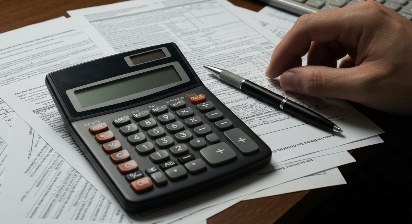 An extreme close-up of a calculator, pen, and tax forms on a cluttered desk, conveying the intense pressure and complex mechanics of last-minute tax preparation.
