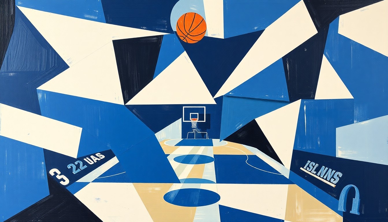 A fragmented, cubist-style painting depicting a basketball game or match, with the players and court broken down into sharp, overlapping geometric shapes in the colors of the University of North Carolina - blue, white, and black.