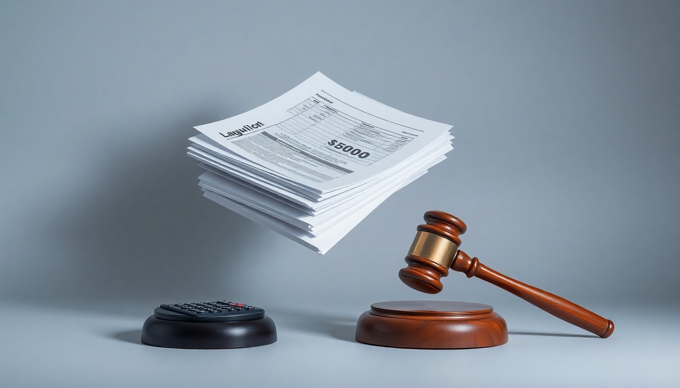 A photorealistic studio still life featuring a stack of financial documents, a calculator, and a gavel floating on a clean, monochromatic background, symbolizing the corporate legal challenges facing Driven Brands.