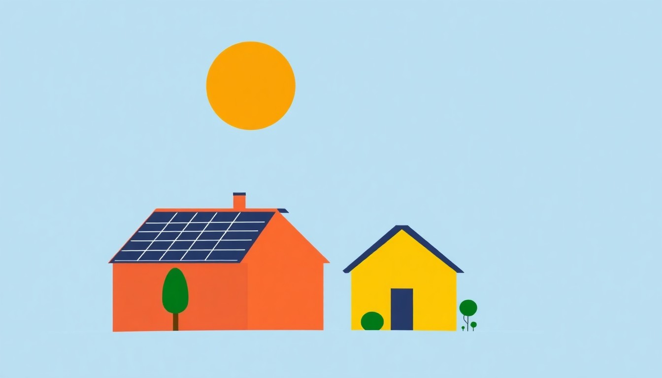 A vibrant abstract illustration composed of overlapping triangles and circles in shades of blue, green, and yellow, conceptually representing the expansion of community solar energy to benefit low-income households.