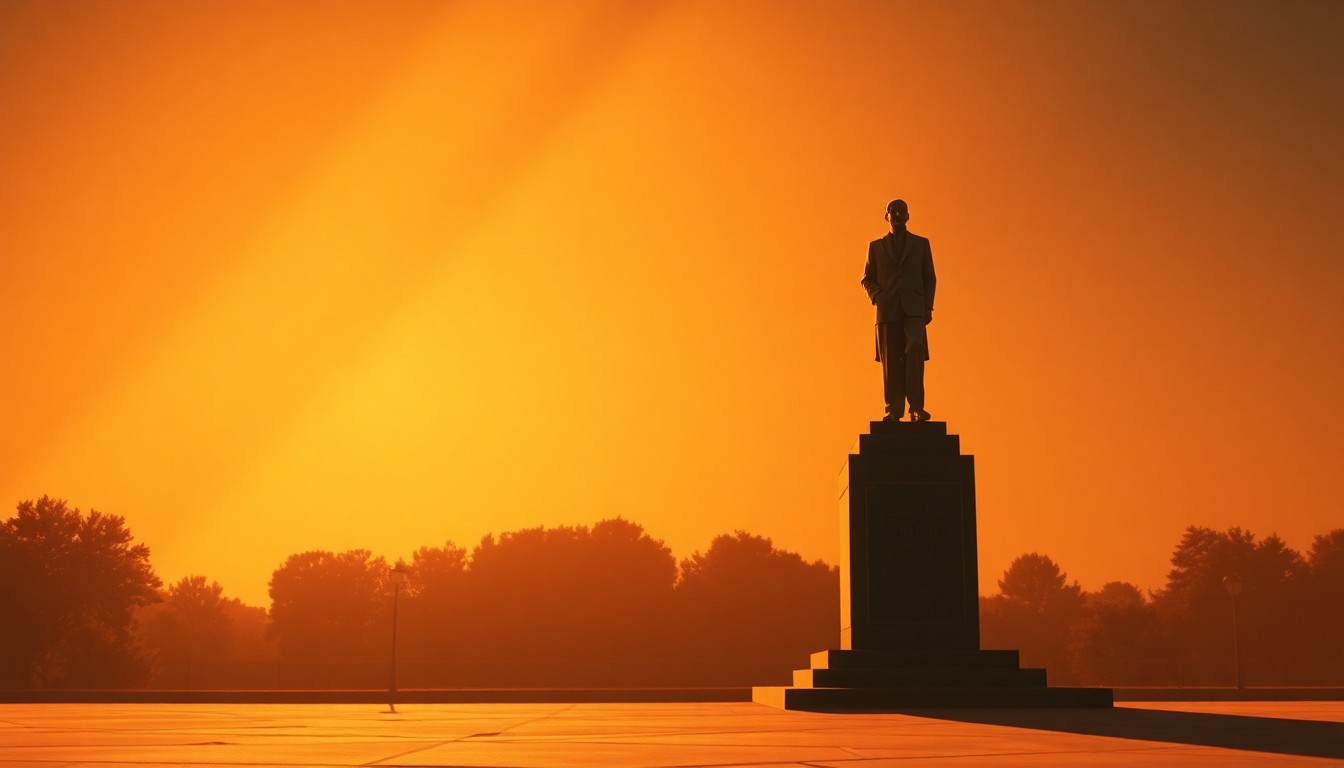 A photorealistic painting of a solitary bronze statue standing in a sunlit urban plaza, conceptually representing a memorial to a local civil rights leader.