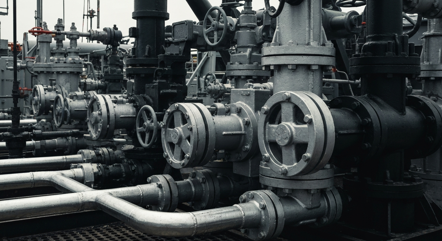 A close-up view of various oil and gas extraction equipment and machinery, including pumps, valves, and pipes, all in shades of steel gray, black, and chrome, conveying a sense of industrial power and mechanical precision.