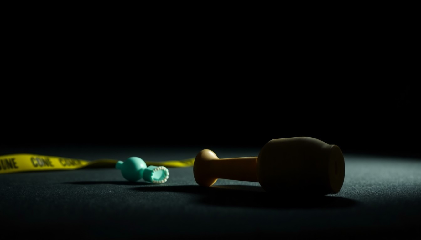 An extreme close-up photograph of a small, worn stuffed animal against a pitch-black background, dramatically lit by a harsh camera flash to create a stark, gritty, investigative aesthetic.