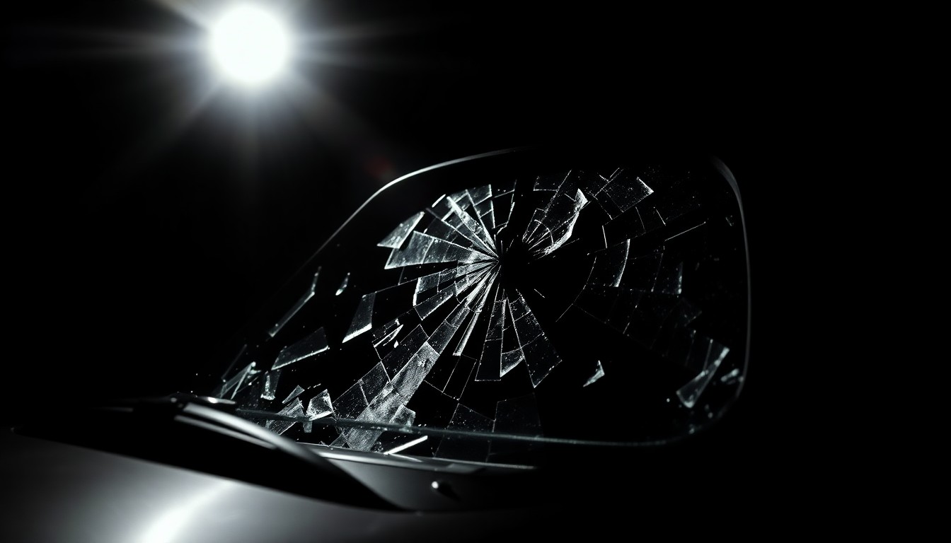 An extreme close-up photograph of a shattered car windshield or side mirror, capturing the harsh, gritty aftermath of a fatal intersection collision.