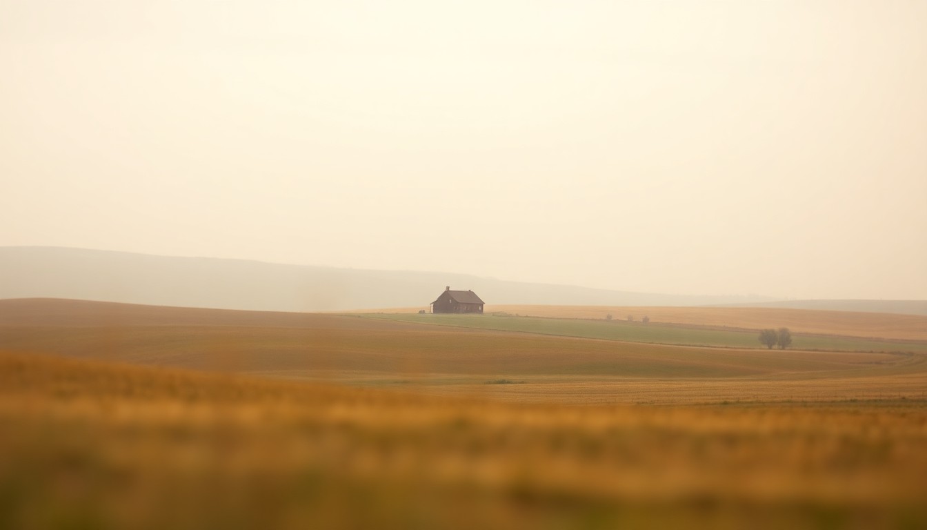 An impressionistic, out-of-focus photograph in warm, earthy tones depicting a rural Midwest landscape, with a single farmhouse in the distance surrounded by rolling hills and a hazy, overcast sky, conceptually representing the quiet passing of a longtime community member.