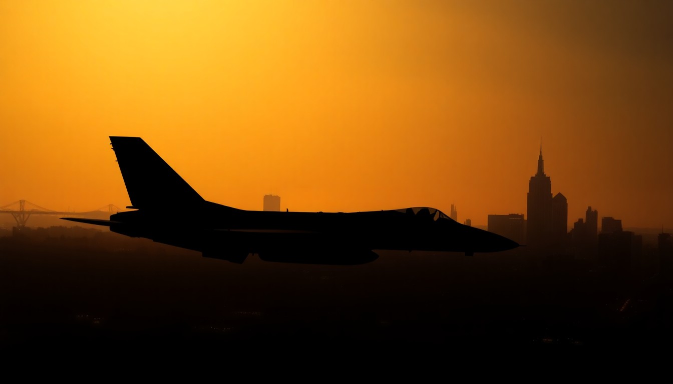 A cinematic painting of a lone military jet against a dimly lit urban skyscape, with warm sunlight and deep shadows, conveying the solitary sacrifice of American troops and the political threats they face.