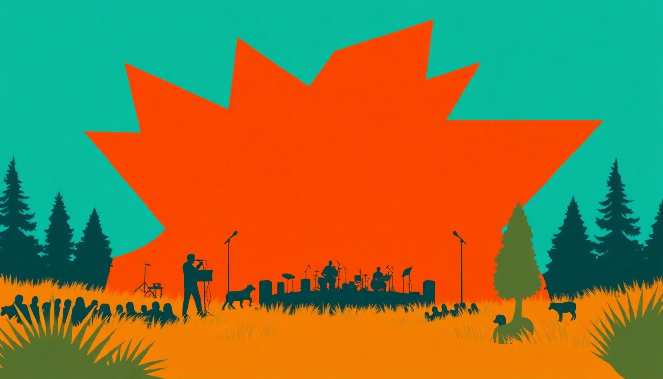 An abstract, minimalist illustration featuring jagged, overlapping shapes in warm earth tones, conceptually representing an outdoor music performance in a natural setting.