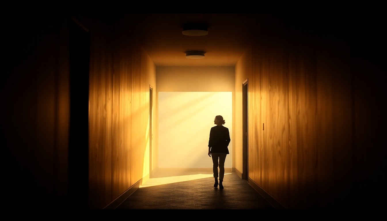 A cinematic painting of a solitary figure standing in a dimly lit hallway, with warm sunlight casting diagonal shadows across the scene, conveying a sense of isolation and uncertainty.