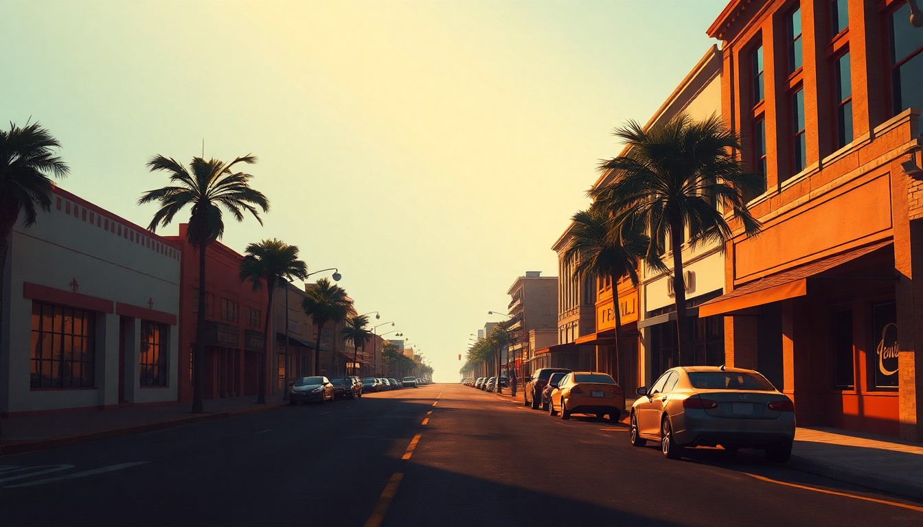 A serene, cinematic painting of an empty downtown street in Clearwater, Florida, with vintage mid-20th century buildings lining the curb and warm, diagonal sunlight casting deep shadows across the pavement, conveying a sense of uncertainty about the city's future development.