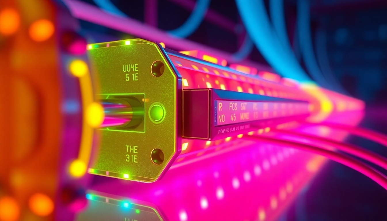 A highly detailed, glowing 3D macro illustration of a power transmission module or fiber optic cable infrastructure, illuminated by neon cyan and magenta lights, conceptually representing Nortech's advanced Power over Fiber technology.