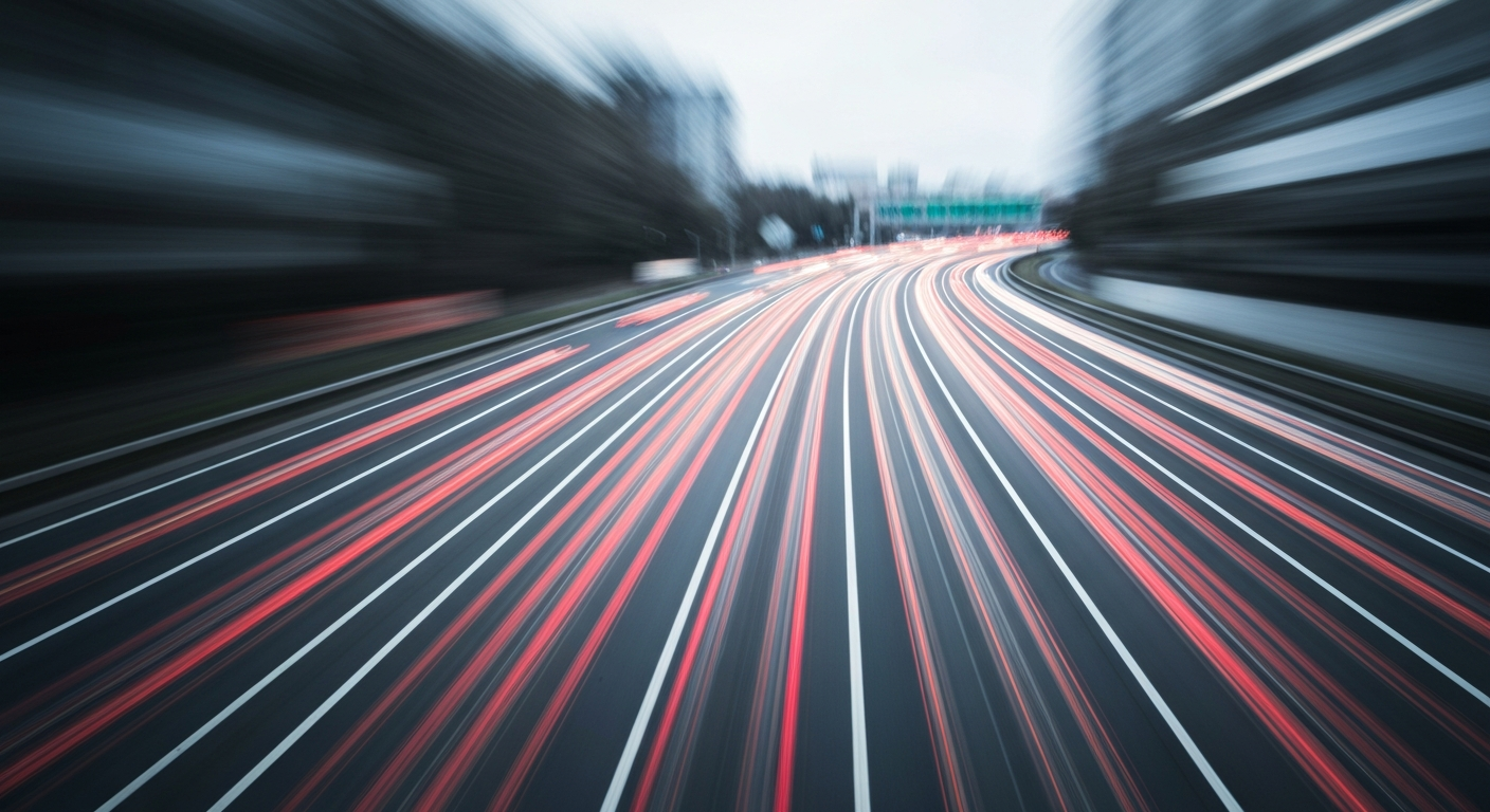 An abstract, blurred scene of traffic on a highway, with streaks of color and motion representing the chaotic energy and speed of vehicles.