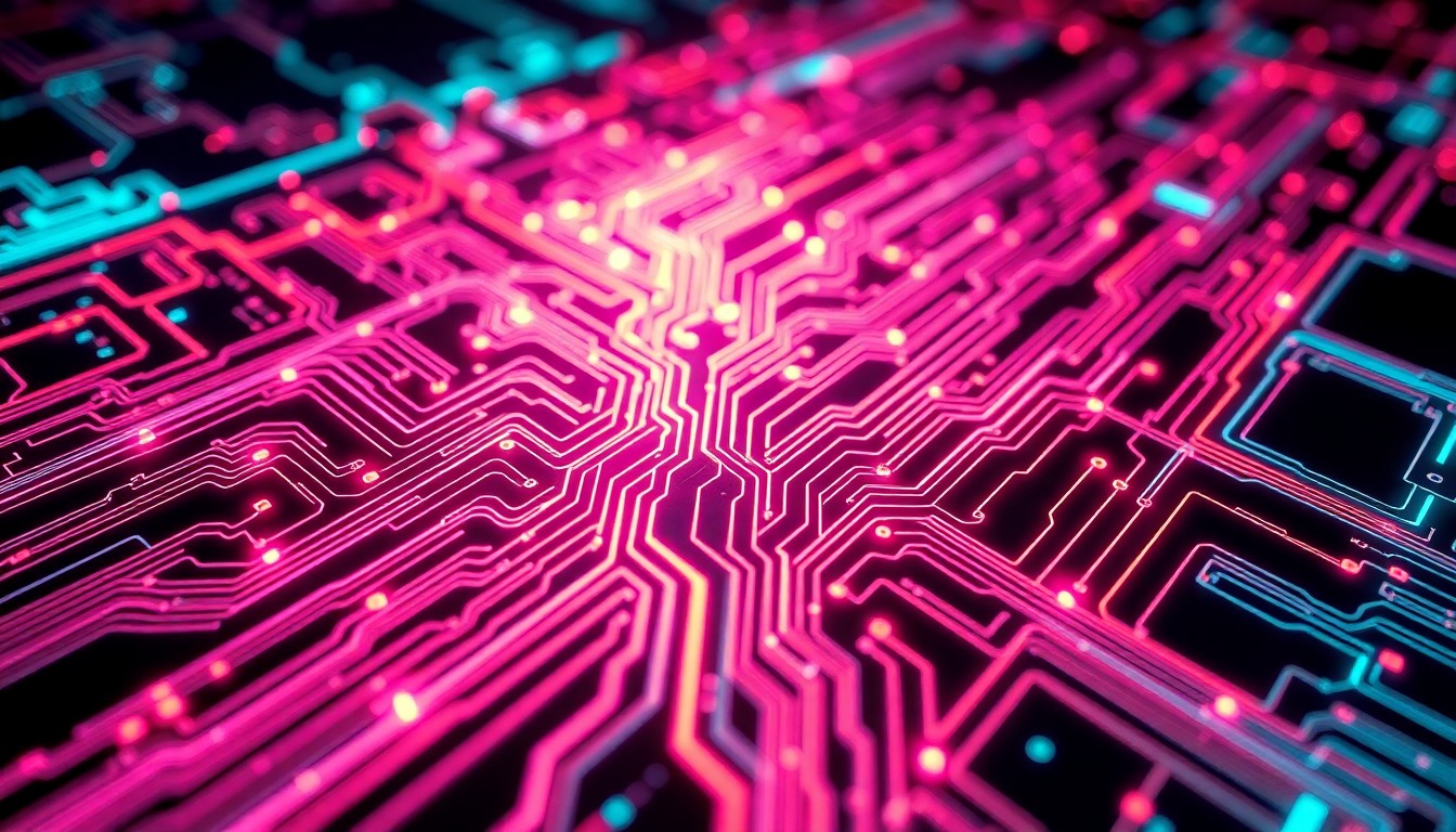 A highly detailed, glowing 3D macro illustration of a complex neuromorphic computing circuit board, with intricate patterns of illuminated neon cyan and magenta lines representing the flow of spiking neural network data, conveying a sense of advanced, futuristic technology powering the next generation of intelligent systems.