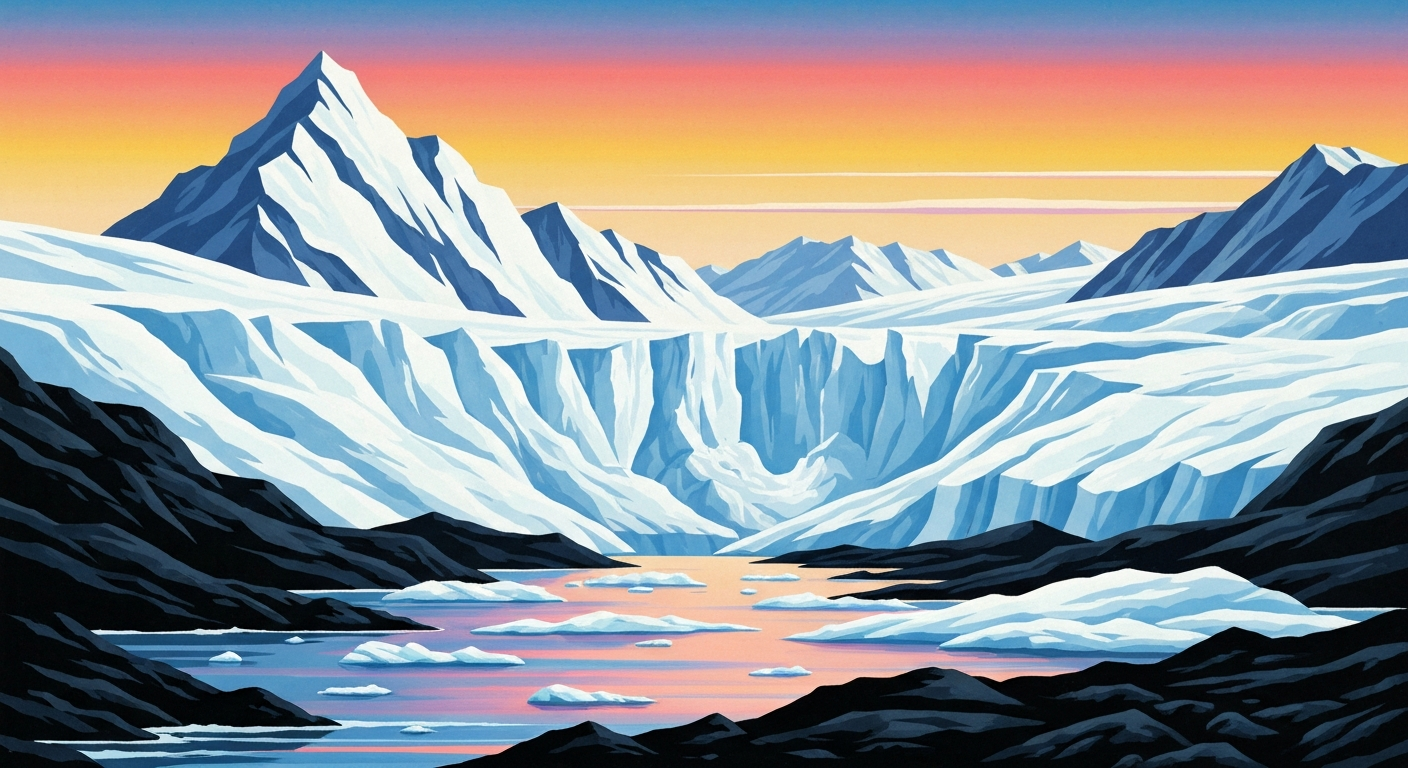 A bold, geometric illustration in the Art Deco style depicting the towering, sweeping grandeur of an Alaskan glacial landscape, conveying the conceptual themes of travel, environmental change, and navigational challenges.