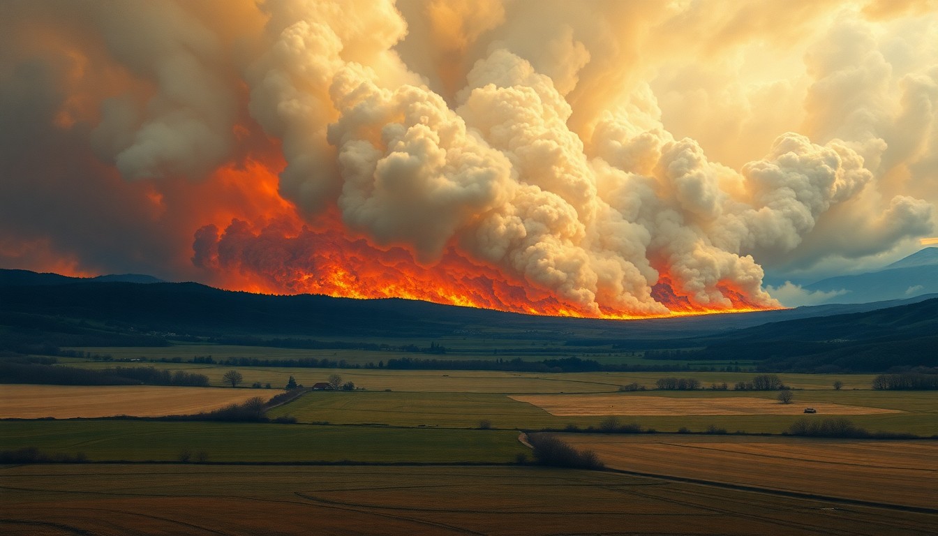 A vast, atmospheric landscape painting in muted earth tones, depicting a raging wildfire consuming a rural field and sending thick plumes of smoke billowing across the horizon, conceptually illustrating the scale and devastation of a natural disaster.