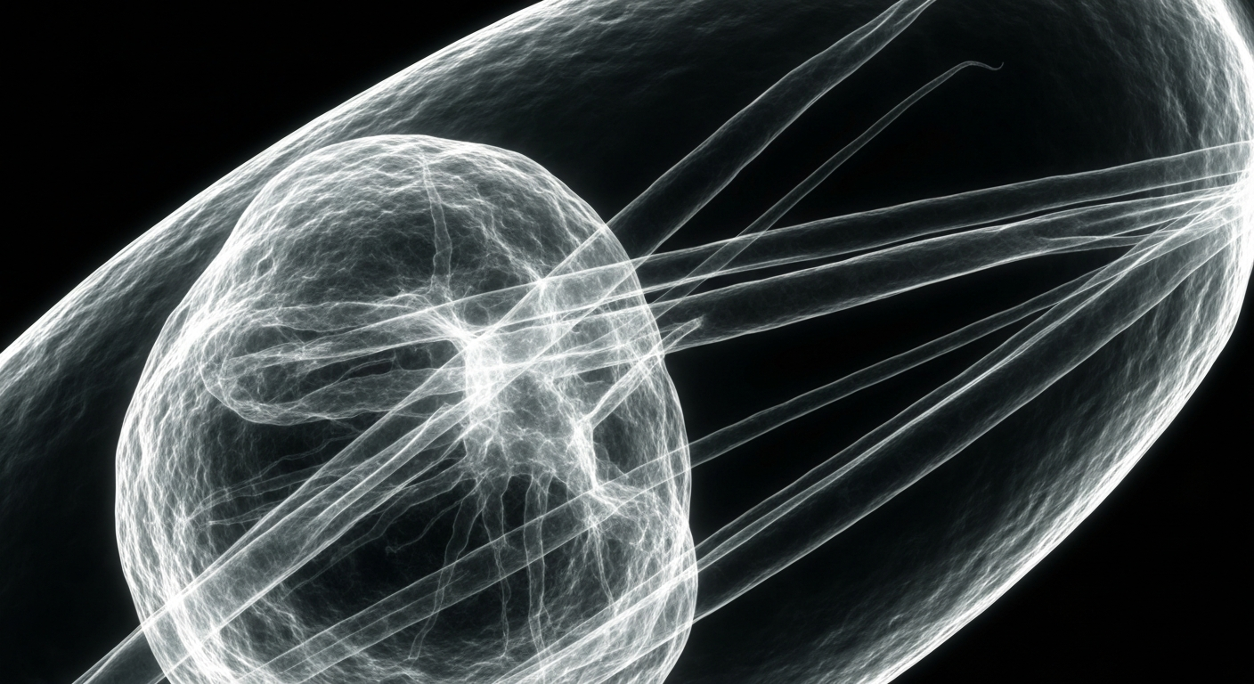 An extreme close-up X-ray photograph revealing the intricate, ghostly internal structures of a pneumococcal bacterium, conceptually illustrating Vaxcyte's approach to developing advanced pneumococcal vaccines.